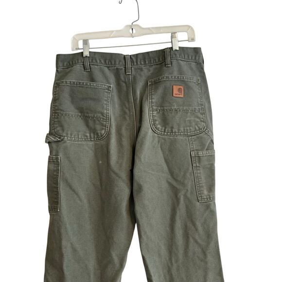 Mens Carhartt Drab Military Green Loose Original Fit Work Denim Jeans Size 36x32 - Picture 8 of 16
